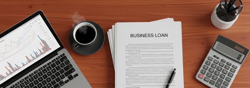 Small business owner reviewing loan documents with a financial advisor in a professional office setting