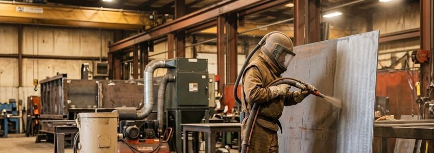 Sandblasting contractor in protective gear operating an abrasive blasting cabinet in a commercial fabrication shop