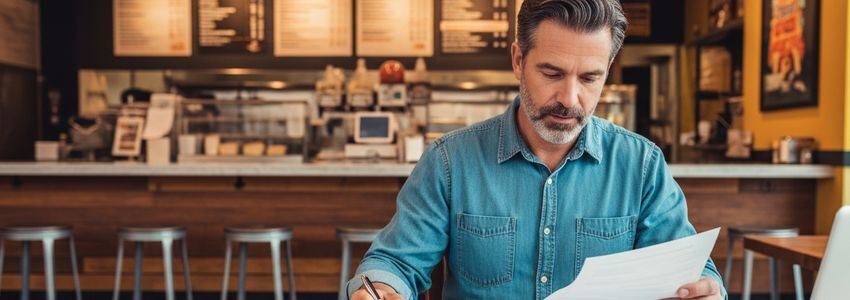 Sandwich franchise owner reviewing business loan documents at their restaurant