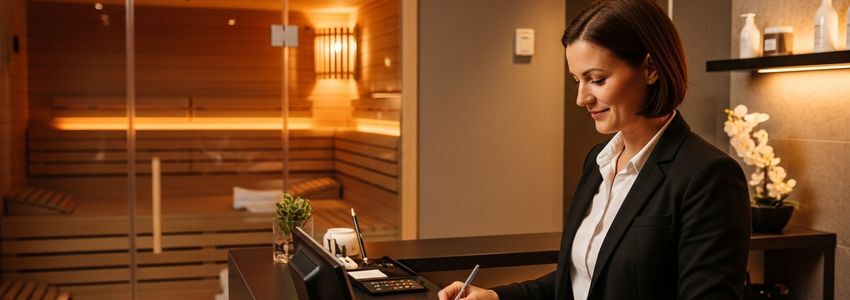 Sauna studio owner reviewing business financing documents at a reception desk with sauna in background