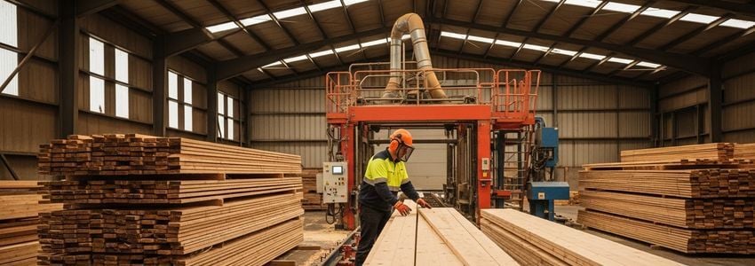 Sawmill operator reviewing freshly cut lumber at a wood processing facility