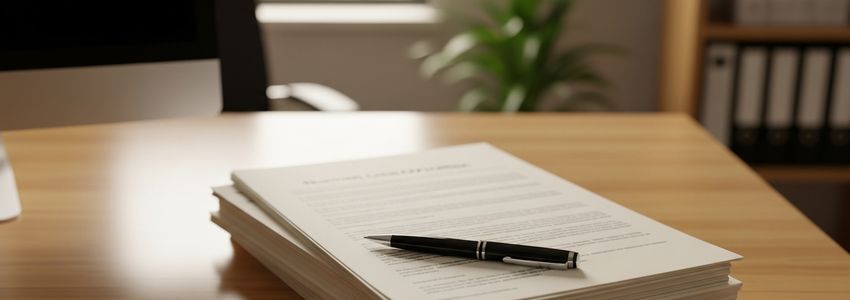 Business owner reviewing SBA loan application documents at a professional office desk