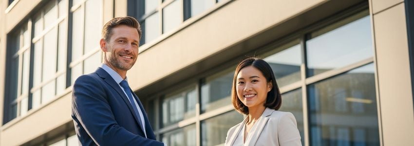 Business owner and real estate agent reviewing SBA 504 commercial real estate financing documents