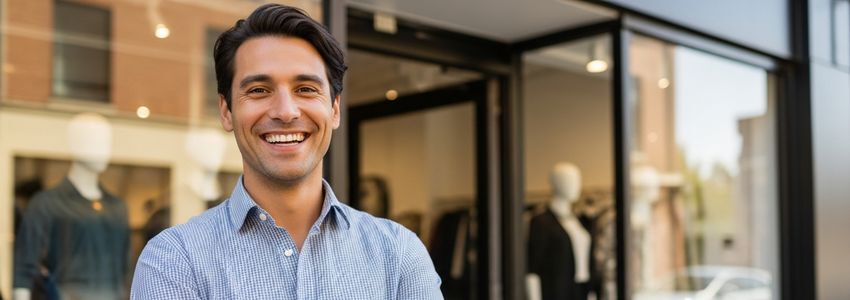 Small business owner standing in front of their thriving business after securing an SBA 7(a) loan from Crestmont Capital