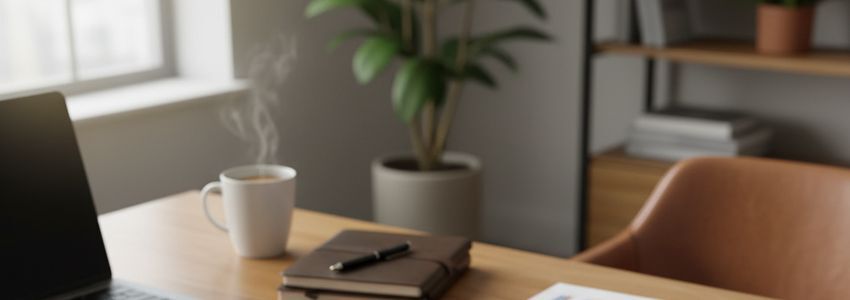 Business owner reviewing SBA loan documents at a modern office desk with financial charts in the background