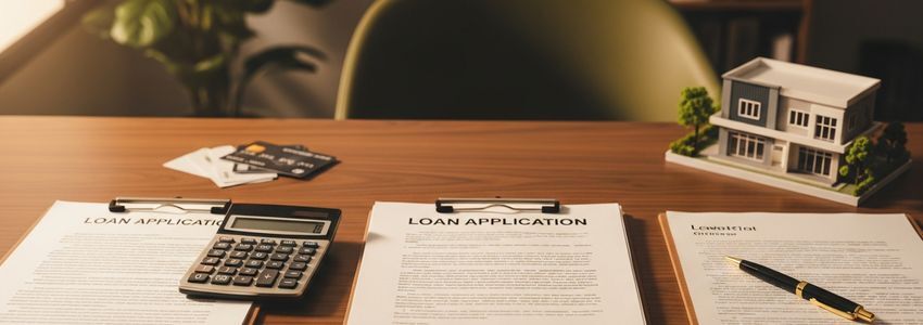 Business professionals reviewing SBA loan documents with collateral property model on desk