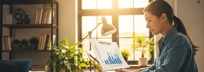Small business owner reviewing SBA loan interest rate data on laptop
