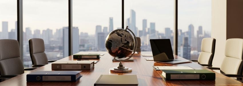 Business executive reviewing SBA International Trade Loan documents at a corporate boardroom table with globe