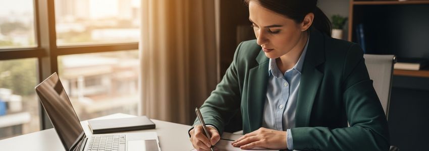 Small business owner completing SBA loan application paperwork at a professional office desk
