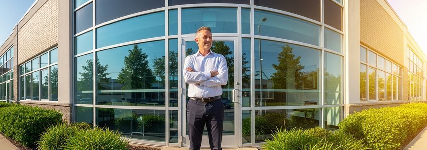 Business owner standing in front of commercial building, representing SBA loan eligibility and business growth