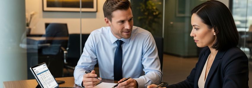 A business consultant and small business owner reviewing SBA loan application documents together at an office desk