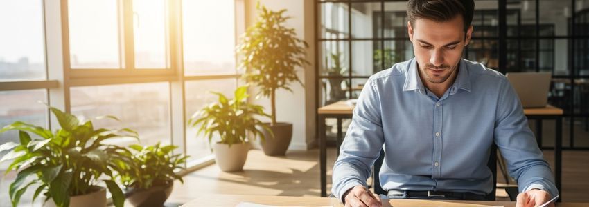 Business owner reviewing SBA loan interest rates and financial documents at office desk
