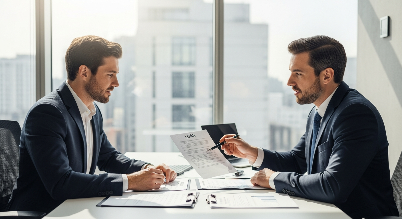 Small business owner reviewing SBA loan requirements with banker at office desk