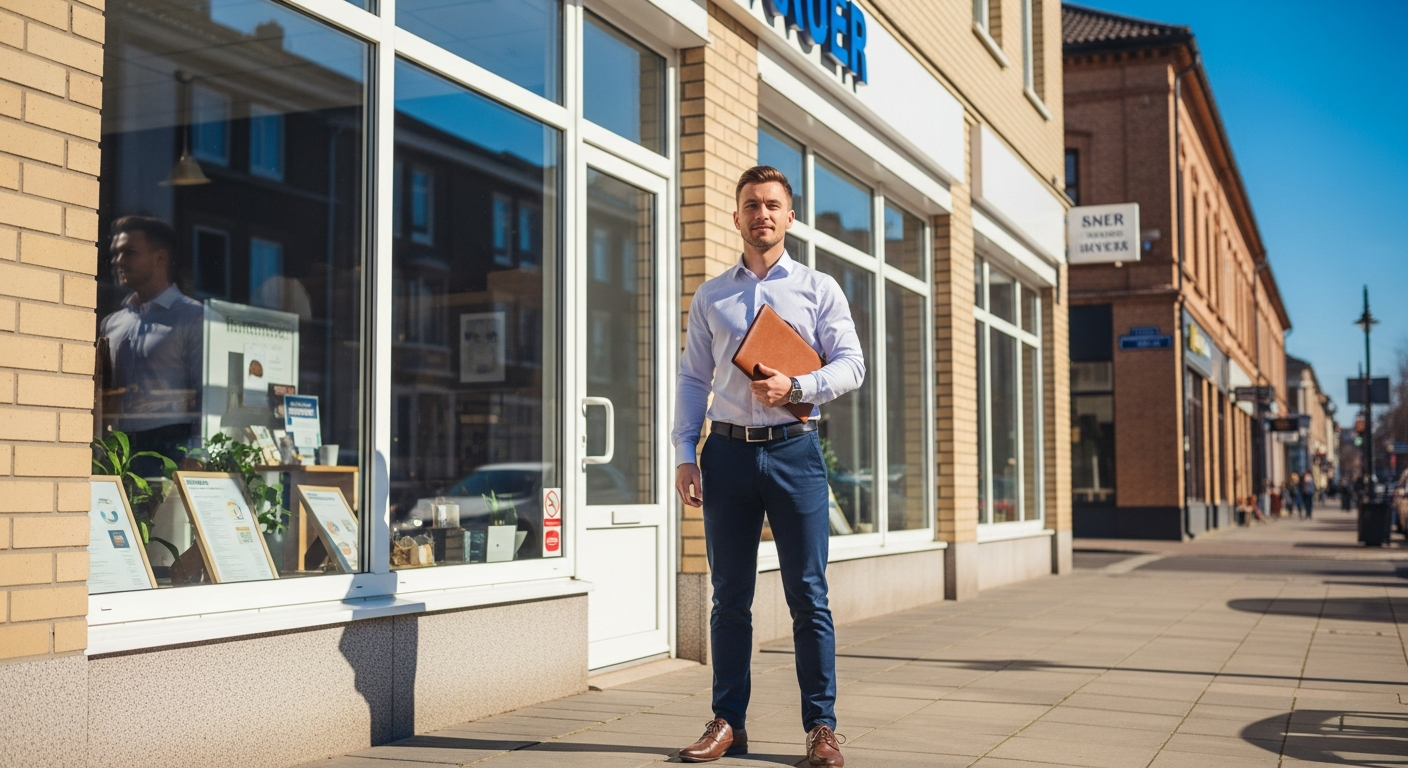 Entrepreneur standing outside small business with loan application documents in hand