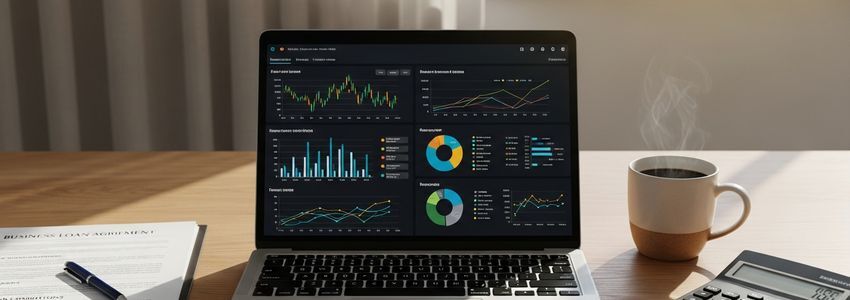 Business owner reviewing financial documents and loan data at a professional desk with laptop and calculator