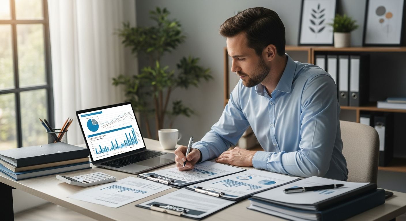 Business professional reviewing SBA loan data and statistics at an office desk