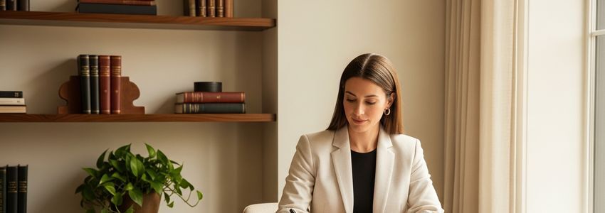 Business professional reviewing SBA loan closing documents at a desk in a modern office