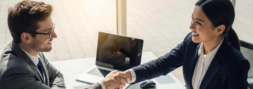Small business owner and bank advisor shaking hands after SBA loan approval at a professional office