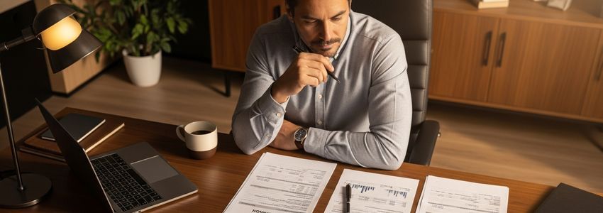 Small business owner reviewing SBA loan documents at an office desk