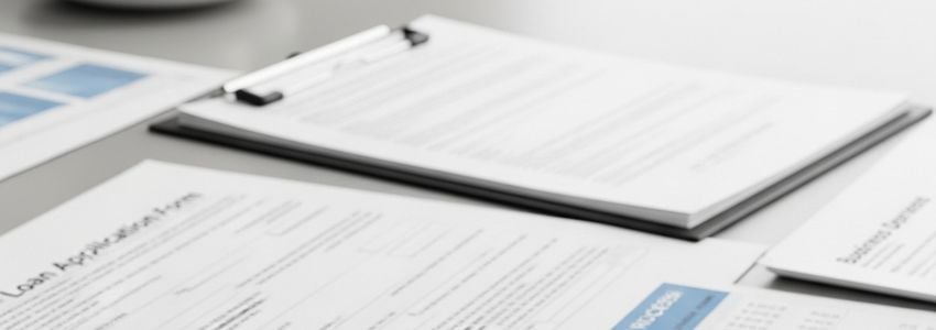 SBA loan application documents and financial paperwork on a professional desk