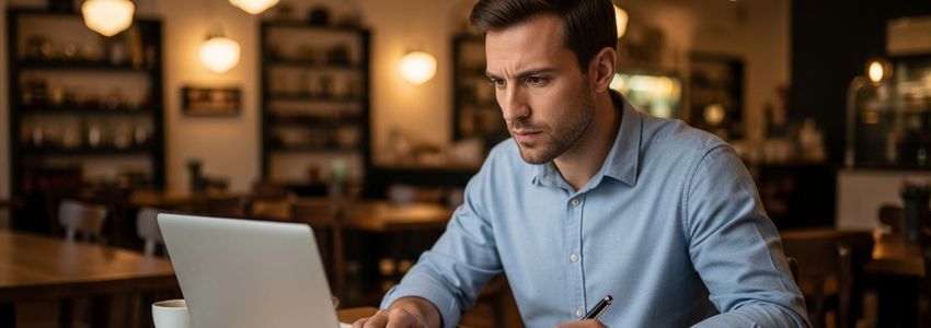 Small business owner reviewing SBA loan paperwork and financial documents at their business