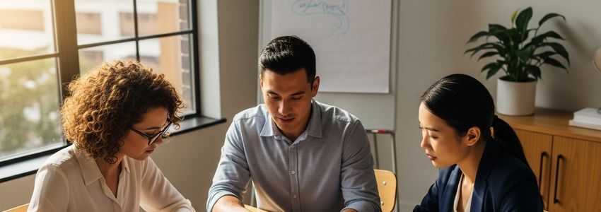 Small business owners reviewing SBA loan documents and financial plans in a modern office setting