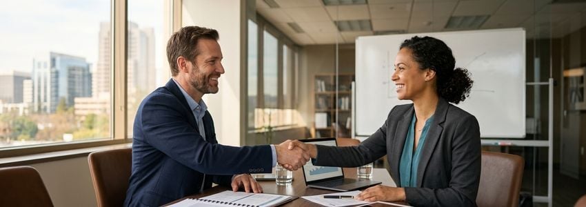 Small business owner and financial advisor shaking hands at a conference table, finalizing SBA Microloan agreement
