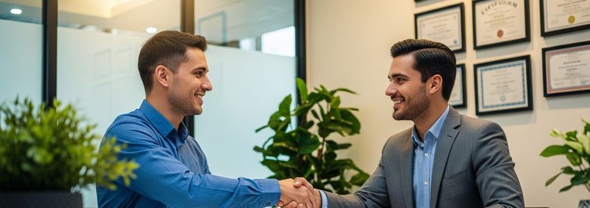 Small business owner shaking hands with a loan officer at a professional office meeting