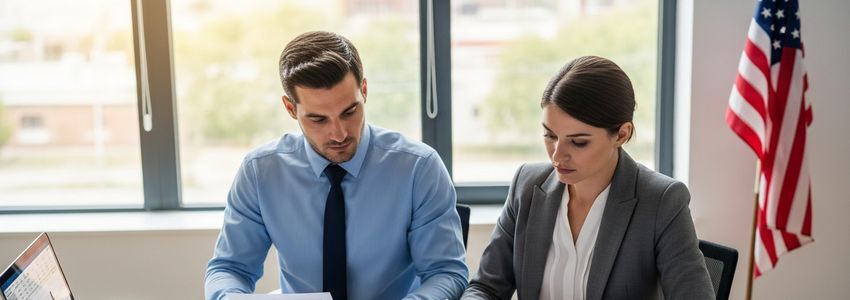 Oregon small business owner reviewing SBA loan documents at a desk in a professional setting