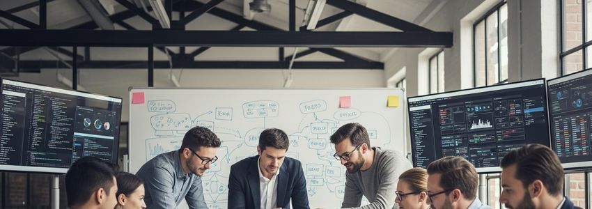 Technology team collaborating on SBA loan strategy in modern office
