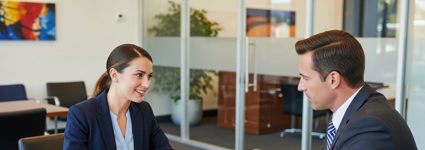 Business owner discussing SBA loan vs conventional bank loan options with a financial advisor in a professional office setting