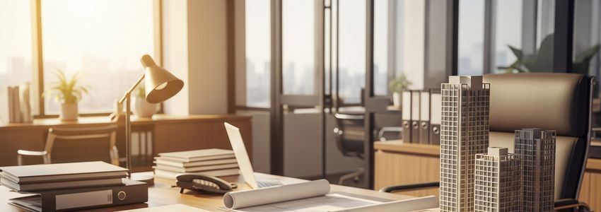 Real estate financing office with loan documents and architectural models comparing SBA and hard money loan options