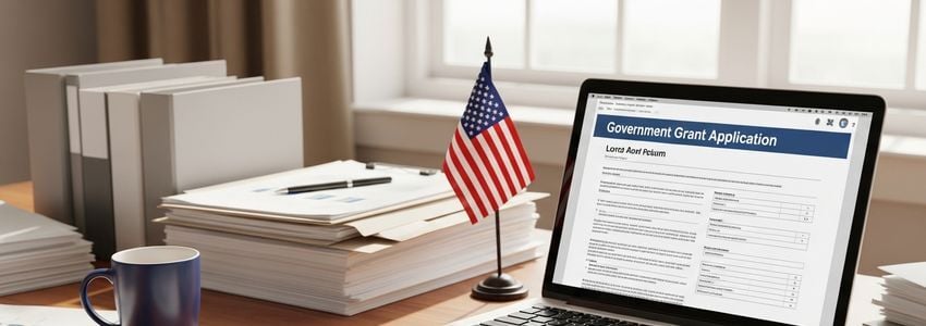 Small business owner reviewing SBIR grant application on laptop in professional office setting
