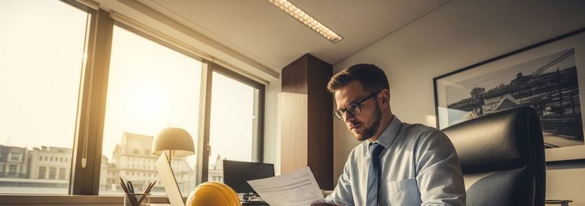Scaffolding business owner reviewing financing documents in a professional office setting