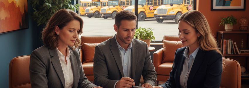 Transportation fleet manager reviewing school bus financing documents in an office with school buses visible through the window
