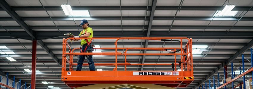 A contractor operating a scissor lift inside a warehouse, illustrating how scissor lift financing helps businesses access the aerial equipment they need