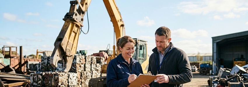 Recycling business owner and operator reviewing scrap yard equipment financing paperwork near a material handling crane