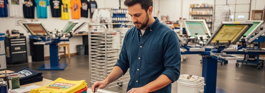 Screen printing business owner reviewing equipment and print samples at a professional screen print shop