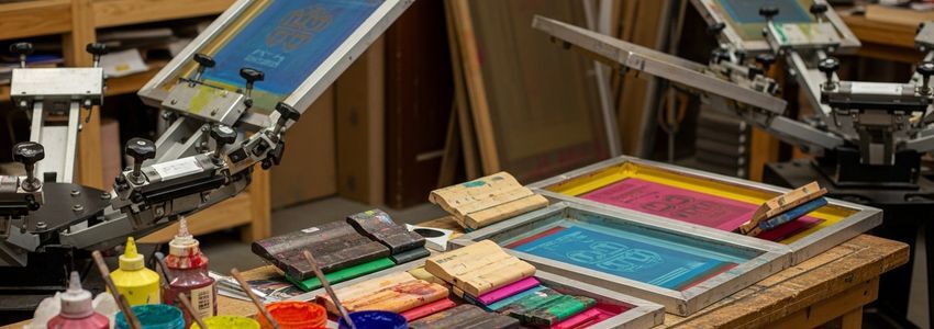 Screen printing equipment and colorful inks in a professional screen printing shop