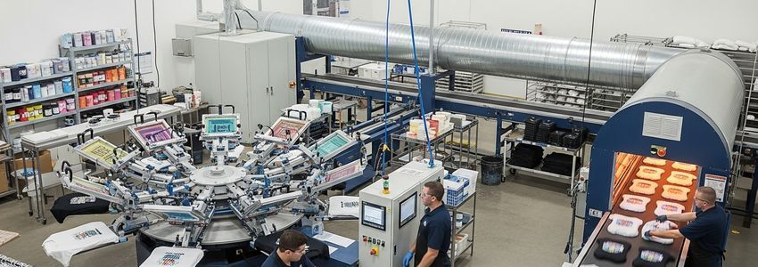 Screen printing shop owner operating professional screen printing press equipment for financing