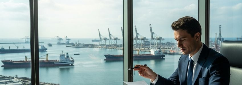 Sea and air transportation business owner reviewing loan financing options at office with harbor view