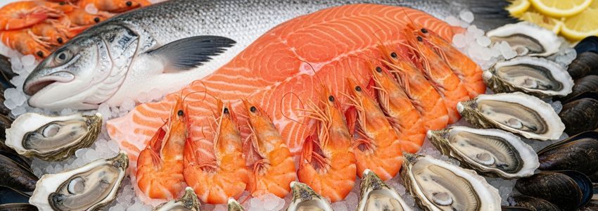 Fresh seafood displayed on ice in a professional seafood market