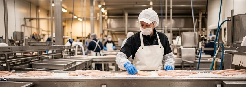 Seafood processing worker inspecting fresh fish fillets on a stainless steel line at a commercial processing facility