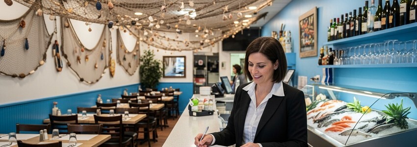 Seafood restaurant owner reviewing business loan documents