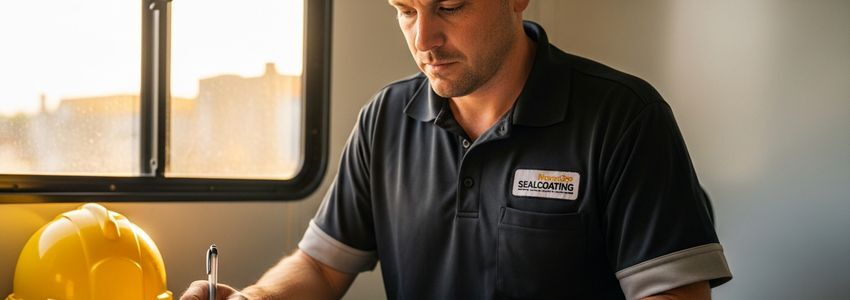 Sealcoating business owner reviewing loan paperwork at a job site office