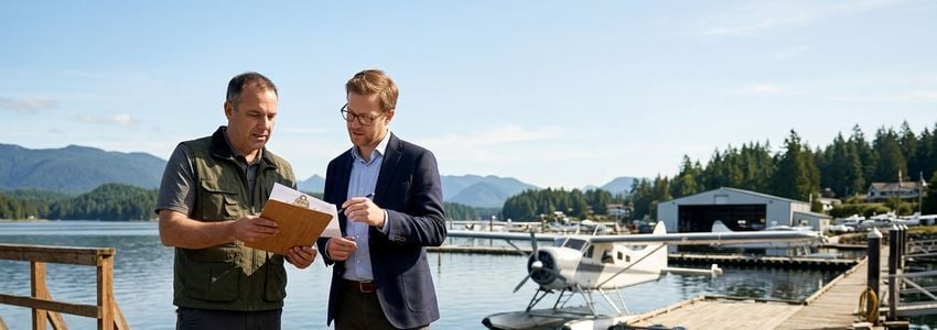 A seaplane docked at a coastal charter base with a pilot preparing for a flight, business owner reviewing paperwork nearby