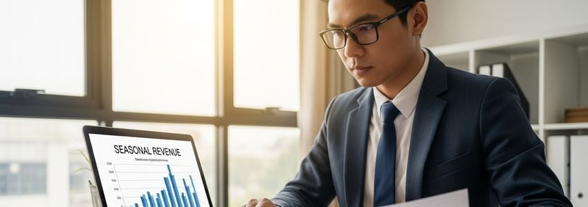 Business owner reviewing seasonal cash flow charts and revenue forecasts in a professional office setting