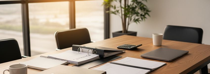 Business conference table with financial planning documents and binders for seasonal planning