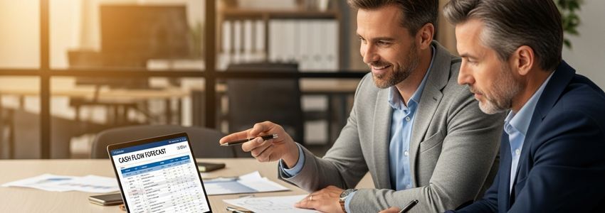 Business owners reviewing seasonal cash flow forecasts and financing options together at a conference table