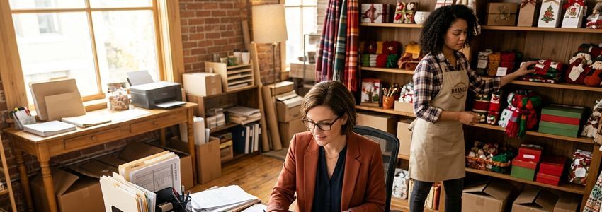 Small business manager reviewing seasonal staffing schedules and payroll documents in a bright retail back office